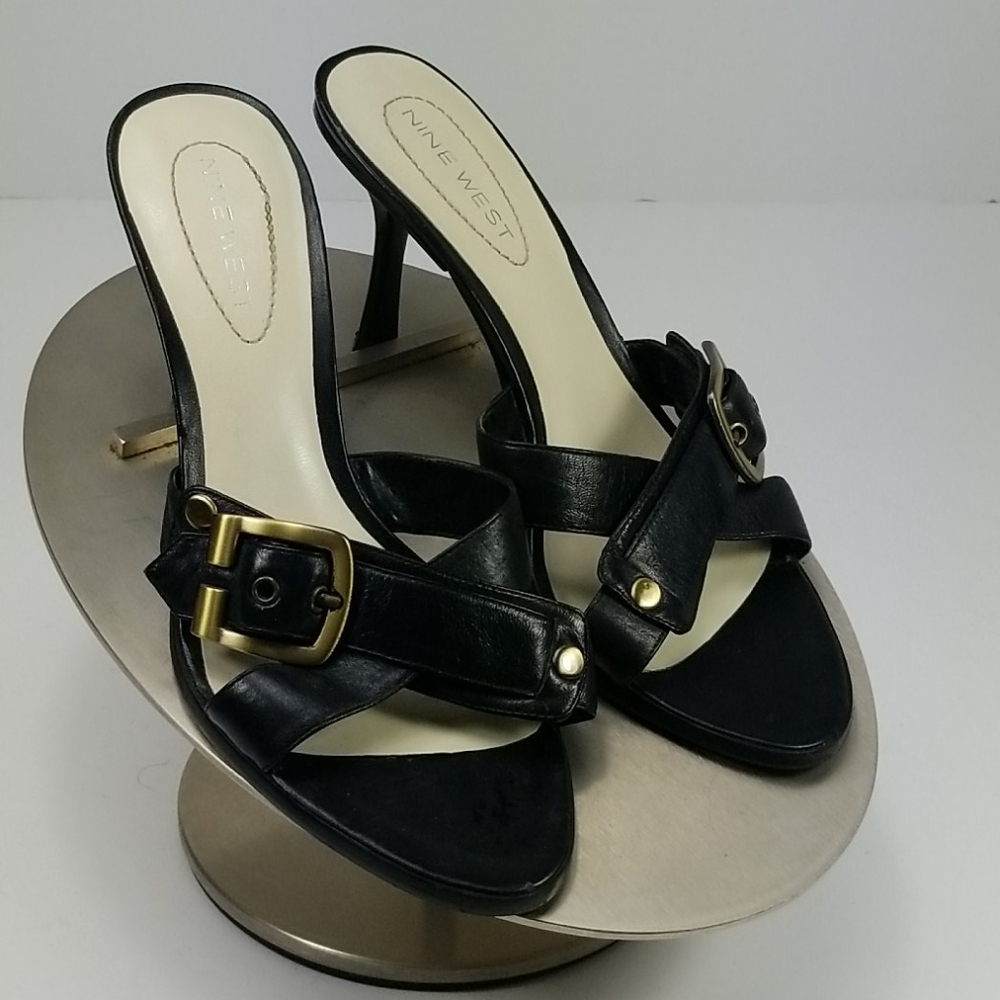 Nine West black leather slides with buckle sz 6.5 - Picture 1 of 8